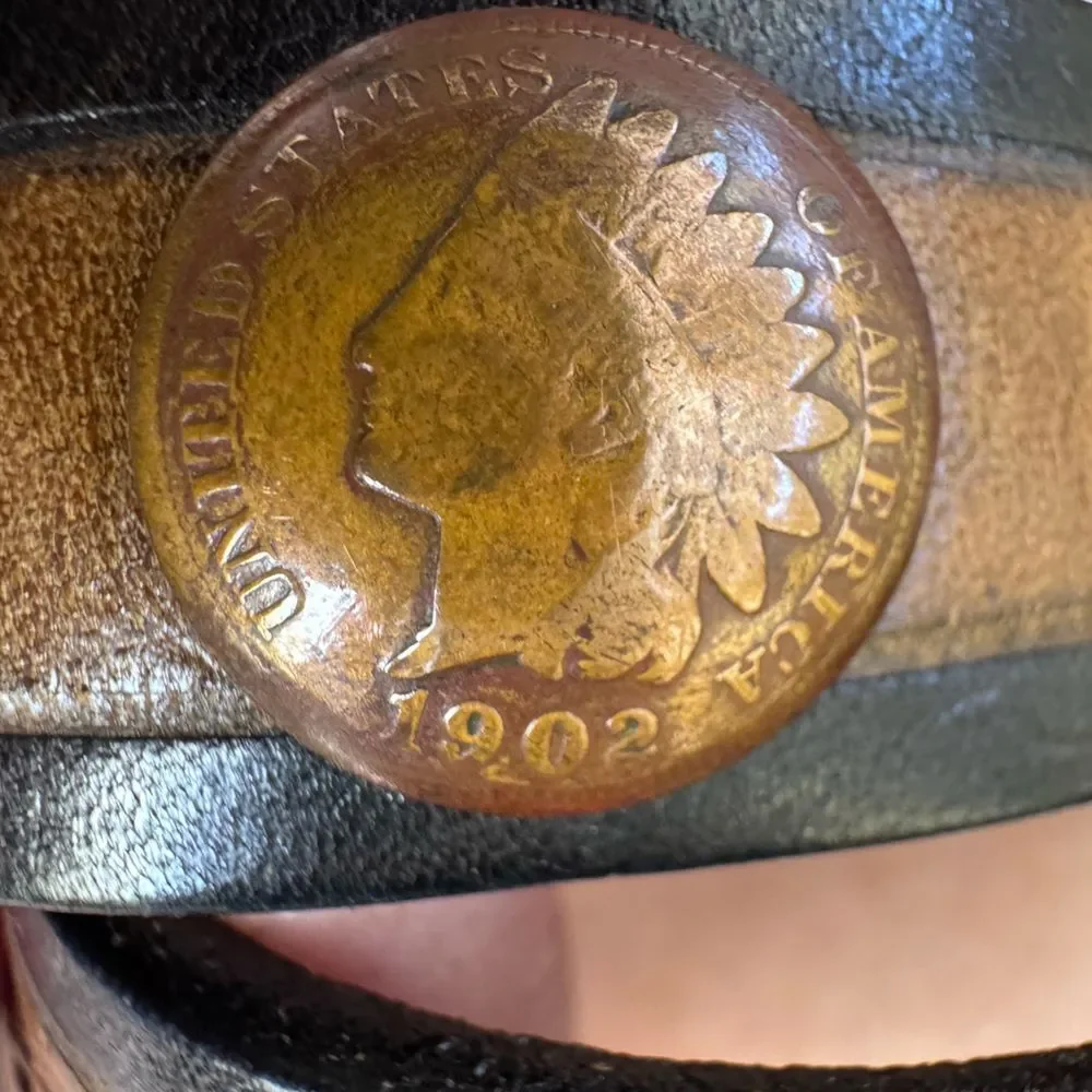 Southwick Leathers Vintage Indian Head Penny Coin Hand Tooled Leather Belt Sz 26